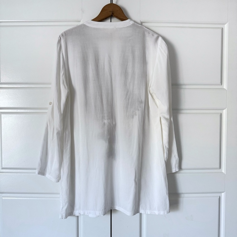 Luna Moon Floral Embroidered Tunic Top M Ivory Boho Sheer Roll Tab Sleeves Swim - Picture 8 of 11